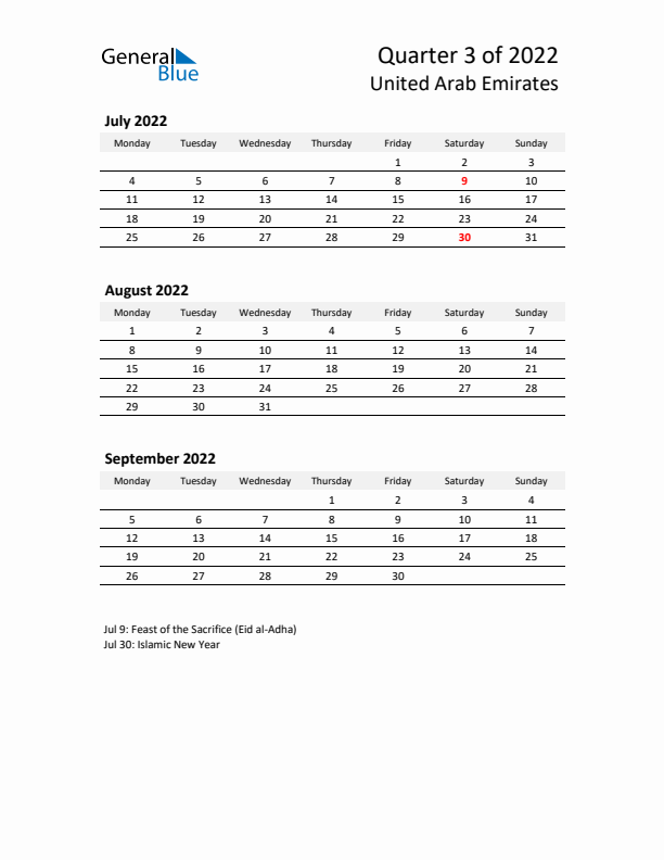 2022 Q3 Three-Month Calendar for United Arab Emirates