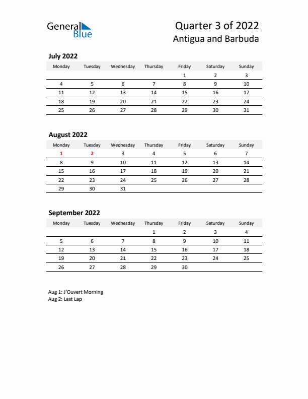 2022 Q3 Three-Month Calendar for Antigua and Barbuda