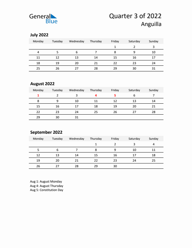 2022 Q3 Three-Month Calendar for Anguilla