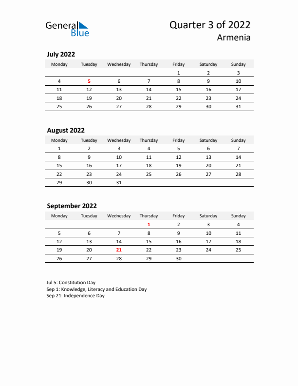 2022 Q3 Three-Month Calendar for Armenia