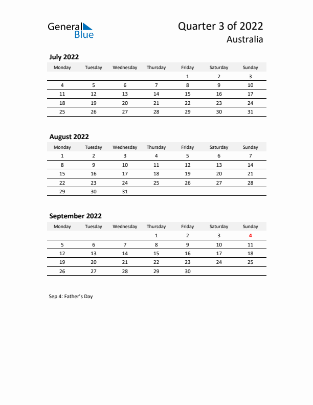 2022 Q3 Three-Month Calendar for Australia