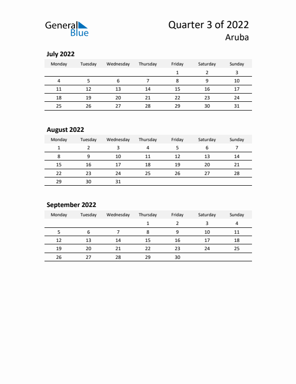 2022 Q3 Three-Month Calendar for Aruba