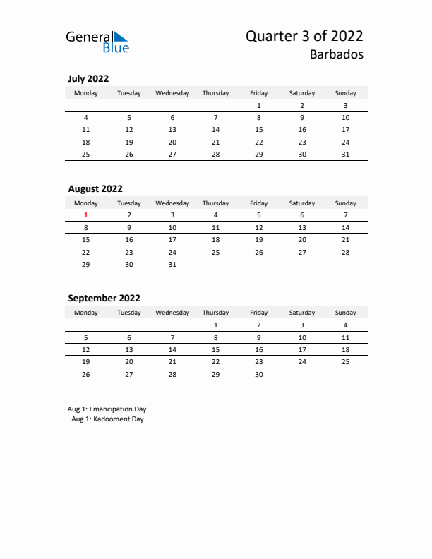 2022 Q3 Three-Month Calendar for Barbados