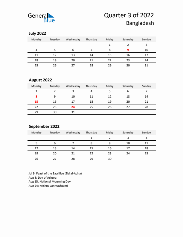 2022 Q3 Three-Month Calendar for Bangladesh