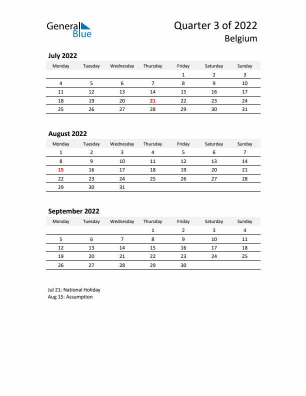 2022 Q3 Three-Month Calendar for Belgium