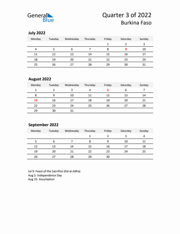 2022 Q3 Three-Month Calendar for Burkina Faso