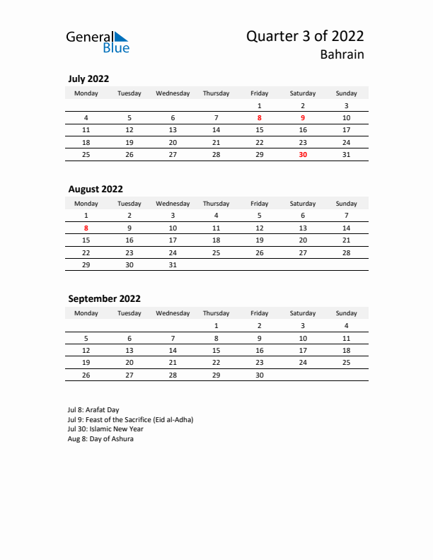 2022 Q3 Three-Month Calendar for Bahrain