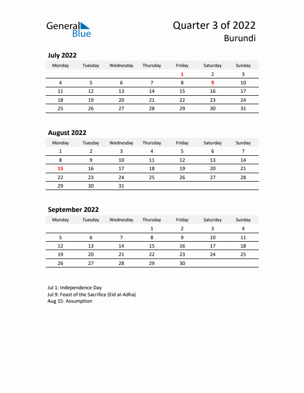 2022 Q3 Three-Month Calendar for Burundi