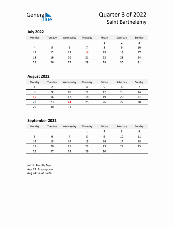 2022 Q3 Three-Month Calendar for Saint Barthelemy