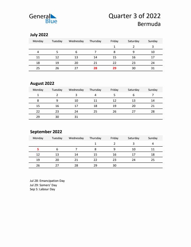 2022 Q3 Three-Month Calendar for Bermuda