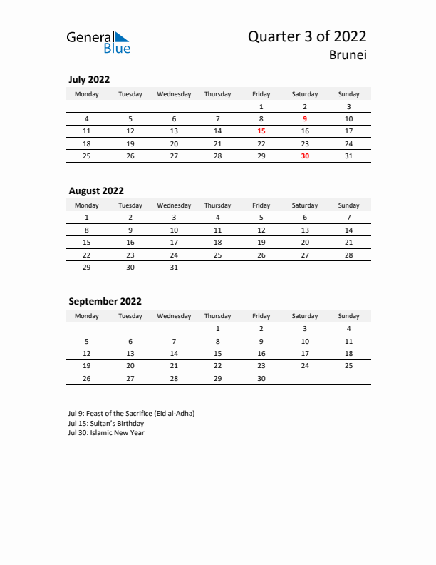 2022 Q3 Three-Month Calendar for Brunei