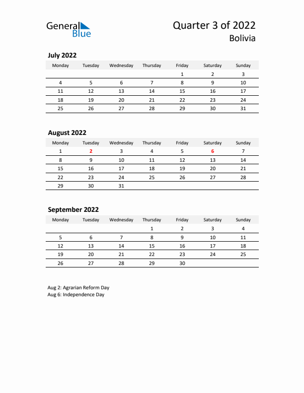 2022 Q3 Three-Month Calendar for Bolivia