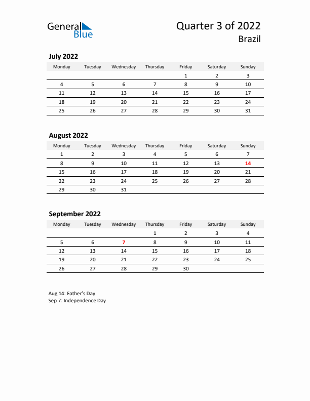 2022 Q3 Three-Month Calendar for Brazil