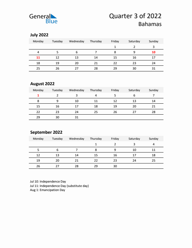 2022 Q3 Three-Month Calendar for Bahamas