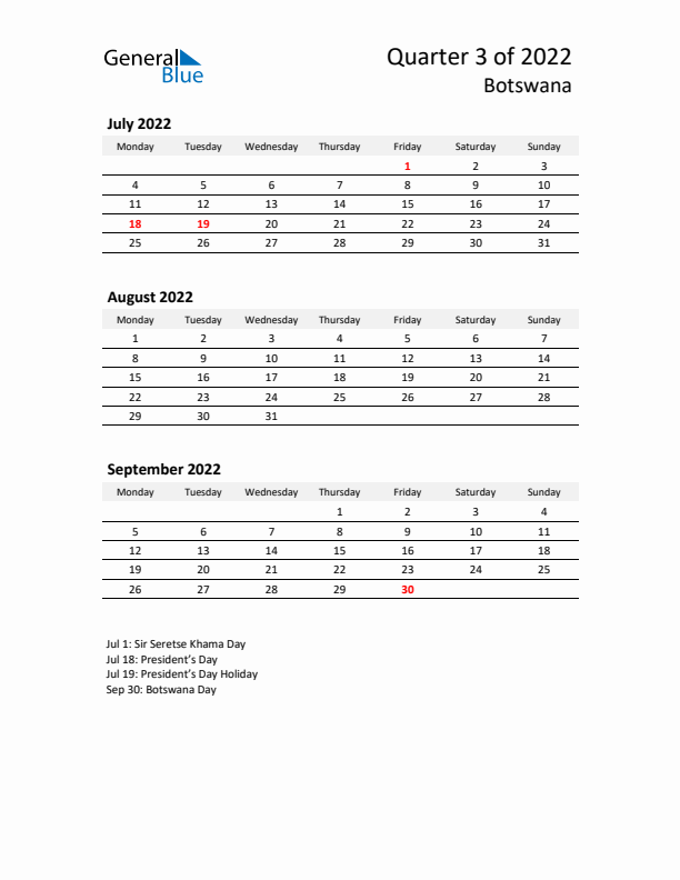 2022 Q3 Three-Month Calendar for Botswana