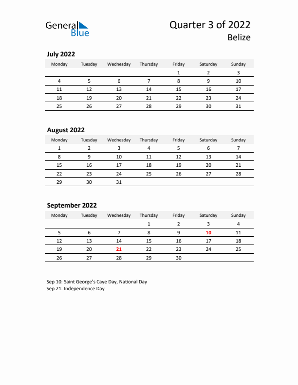 2022 Q3 Three-Month Calendar for Belize