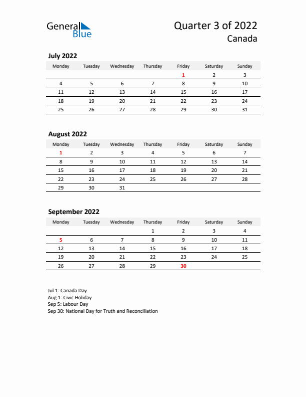 2022 Q3 Three-Month Calendar for Canada