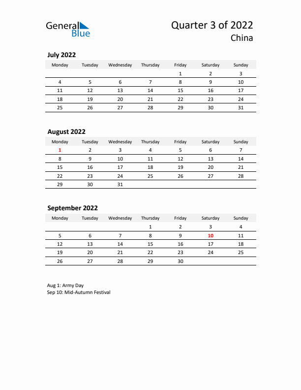 2022 Q3 Three-Month Calendar for China