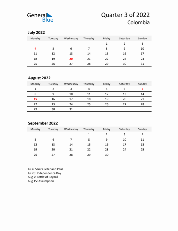 2022 Q3 Three-Month Calendar for Colombia