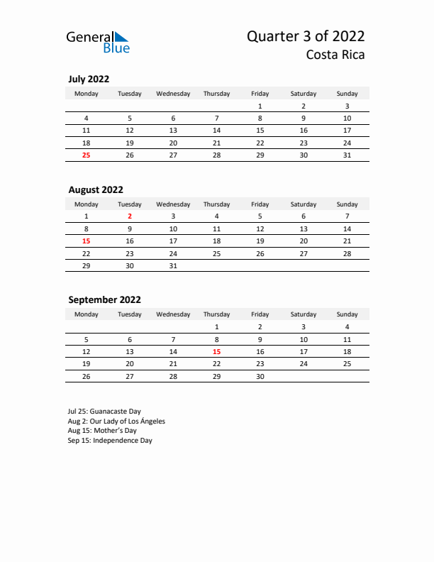 2022 Q3 Three-Month Calendar for Costa Rica