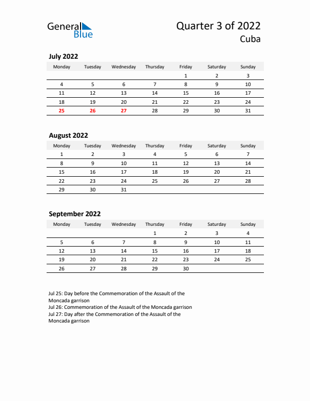 2022 Q3 Three-Month Calendar for Cuba