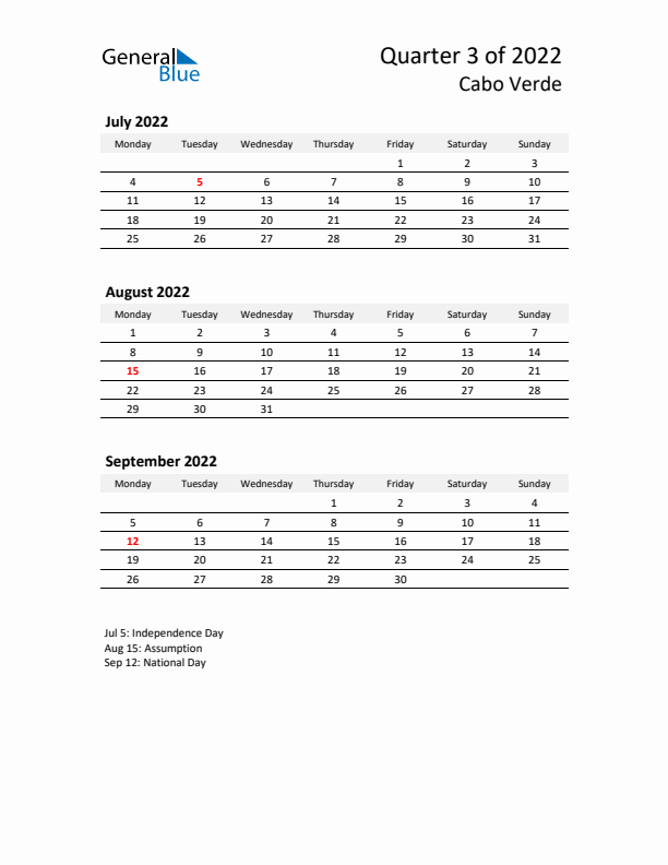 2022 Q3 Three-Month Calendar for Cabo Verde