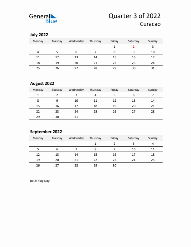 2022 Q3 Three-Month Calendar for Curacao