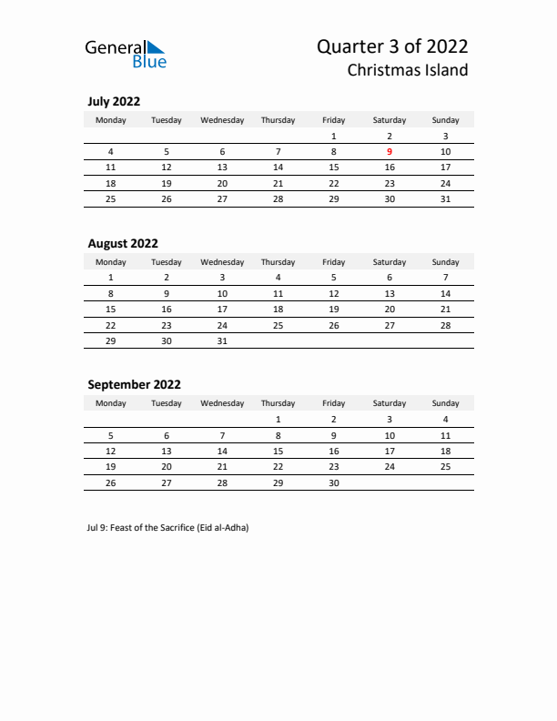 2022 Q3 Three-Month Calendar for Christmas Island