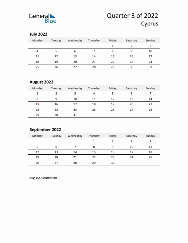 2022 Q3 Three-Month Calendar for Cyprus