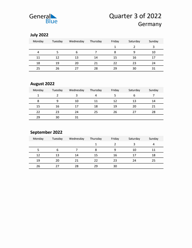 2022 Q3 Three-Month Calendar for Germany