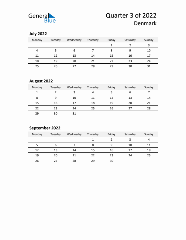 2022 Q3 Three-Month Calendar for Denmark