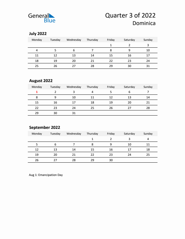 2022 Q3 Three-Month Calendar for Dominica