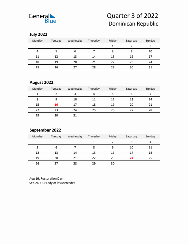 2022 Q3 Three-Month Calendar for Dominican Republic