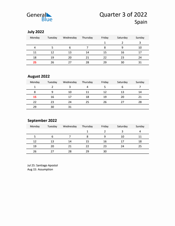 2022 Q3 Three-Month Calendar for Spain