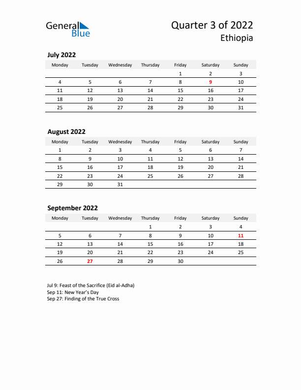 2022 Q3 Three-Month Calendar for Ethiopia