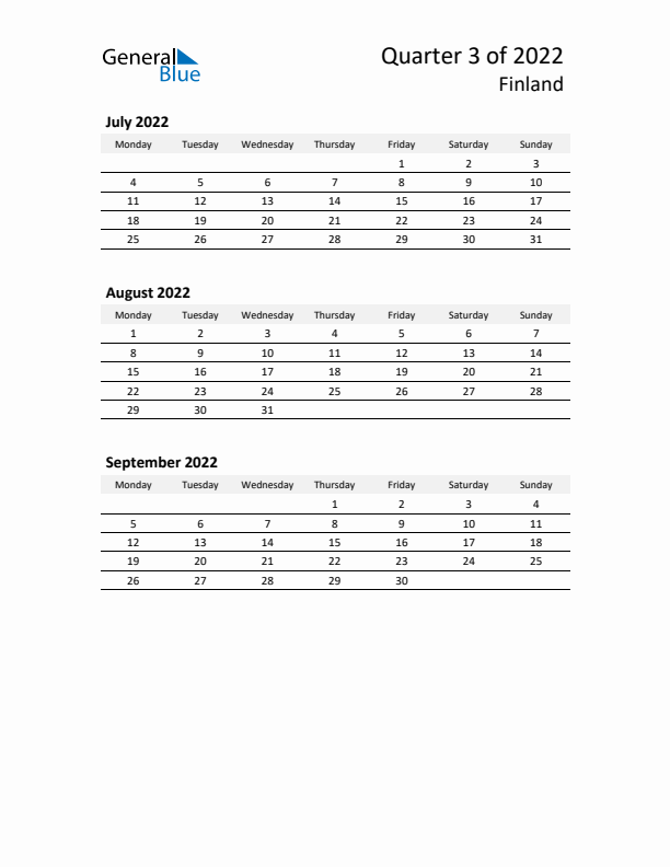 2022 Q3 Three-Month Calendar for Finland