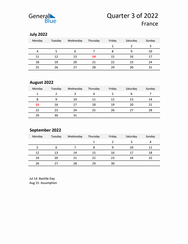 2022 Q3 Three-Month Calendar for France