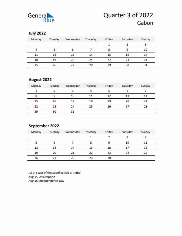 2022 Q3 Three-Month Calendar for Gabon