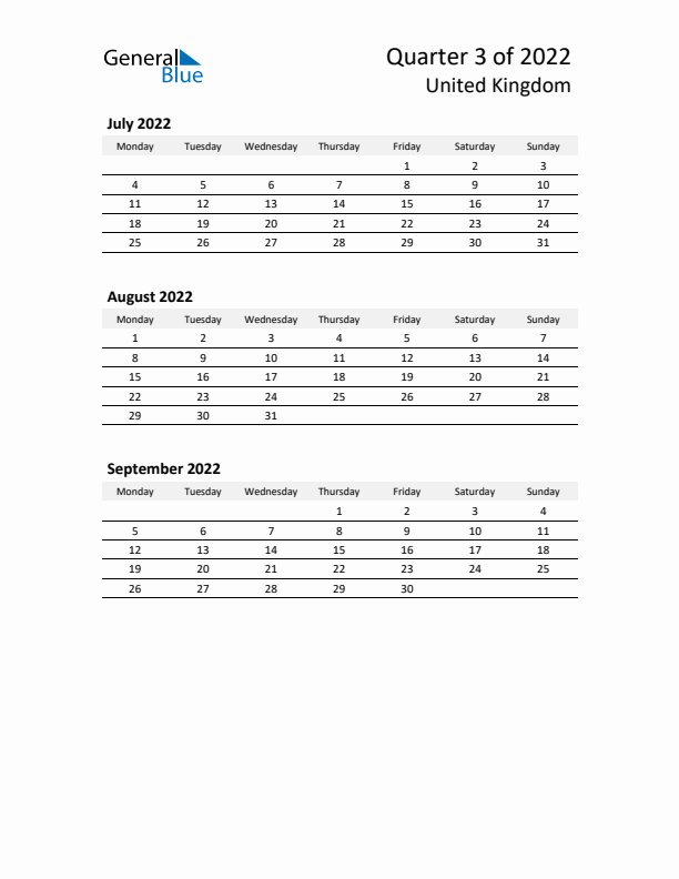 2022 Q3 Three-Month Calendar for United Kingdom