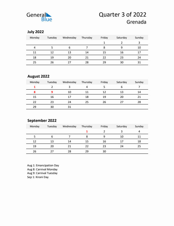 2022 Q3 Three-Month Calendar for Grenada