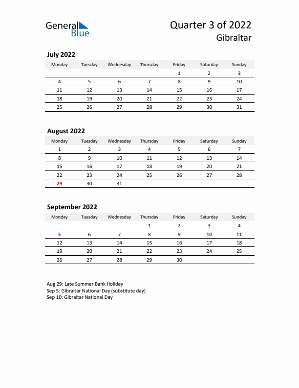 2022 Q3 Three-Month Calendar for Gibraltar