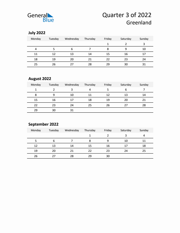 2022 Q3 Three-Month Calendar for Greenland