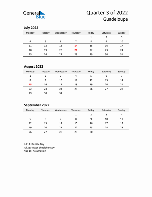 2022 Q3 Three-Month Calendar for Guadeloupe