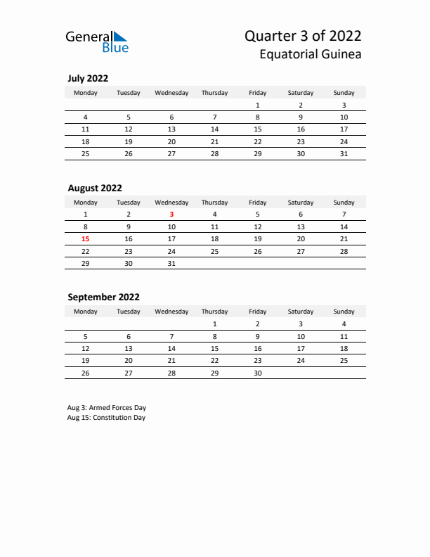 2022 Q3 Three-Month Calendar for Equatorial Guinea