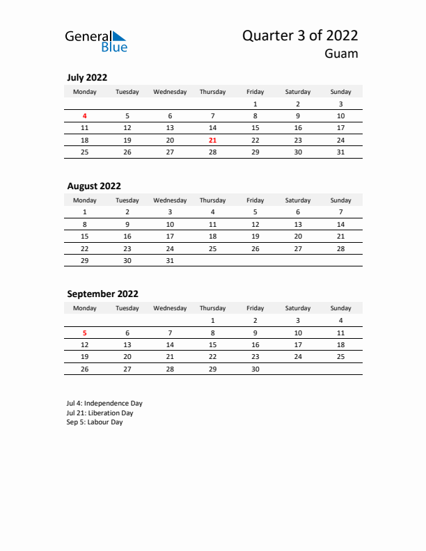 2022 Q3 Three-Month Calendar for Guam