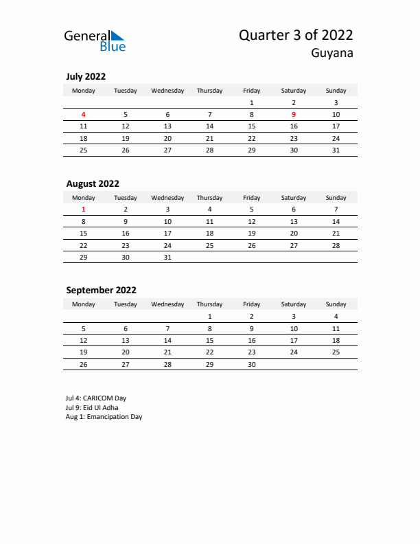 2022 Q3 Three-Month Calendar for Guyana