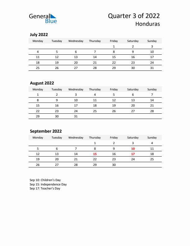 2022 Q3 Three-Month Calendar for Honduras