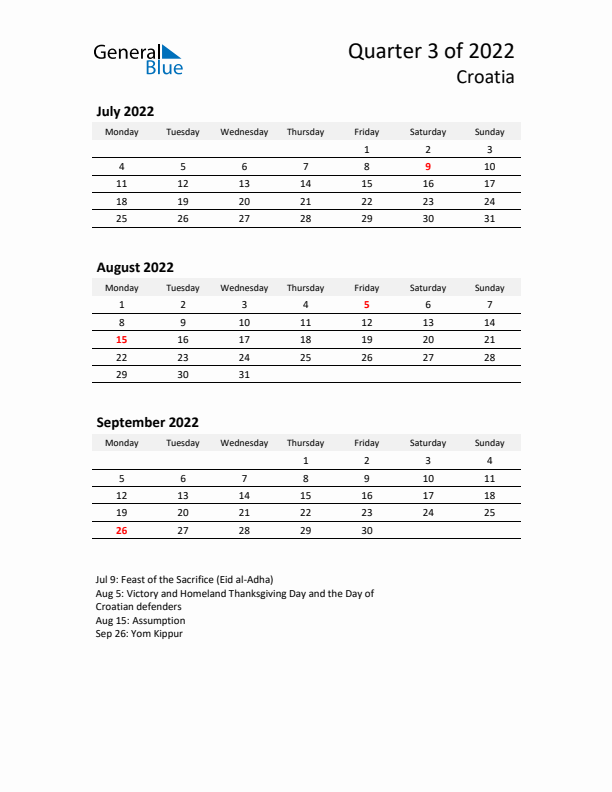 2022 Q3 Three-Month Calendar for Croatia