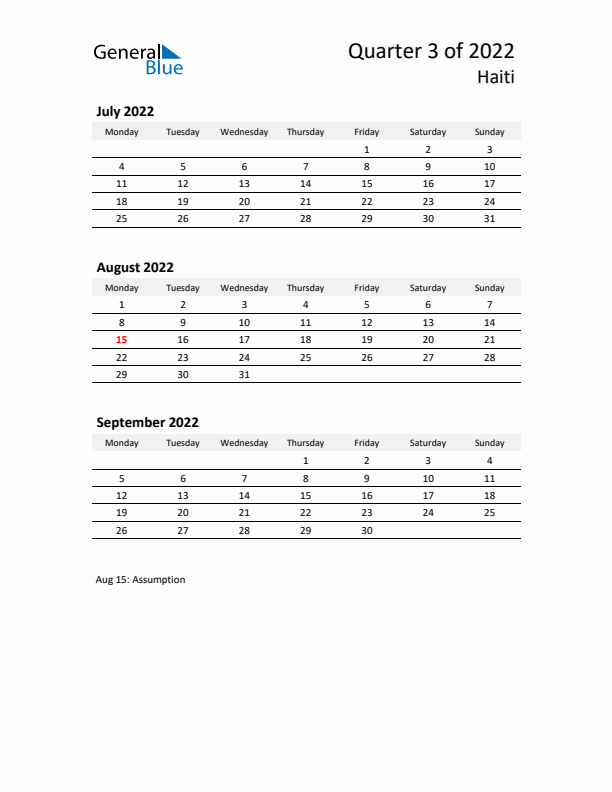 2022 Q3 Three-Month Calendar for Haiti