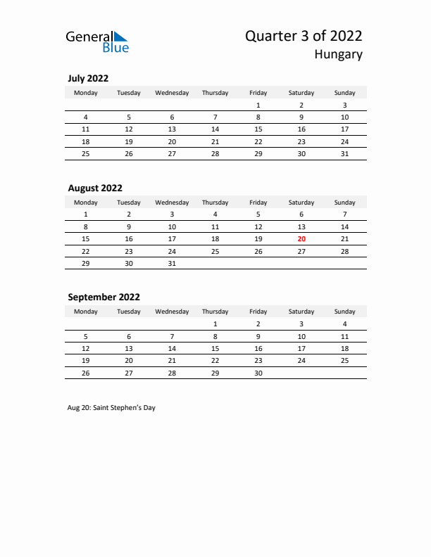 2022 Q3 Three-Month Calendar for Hungary